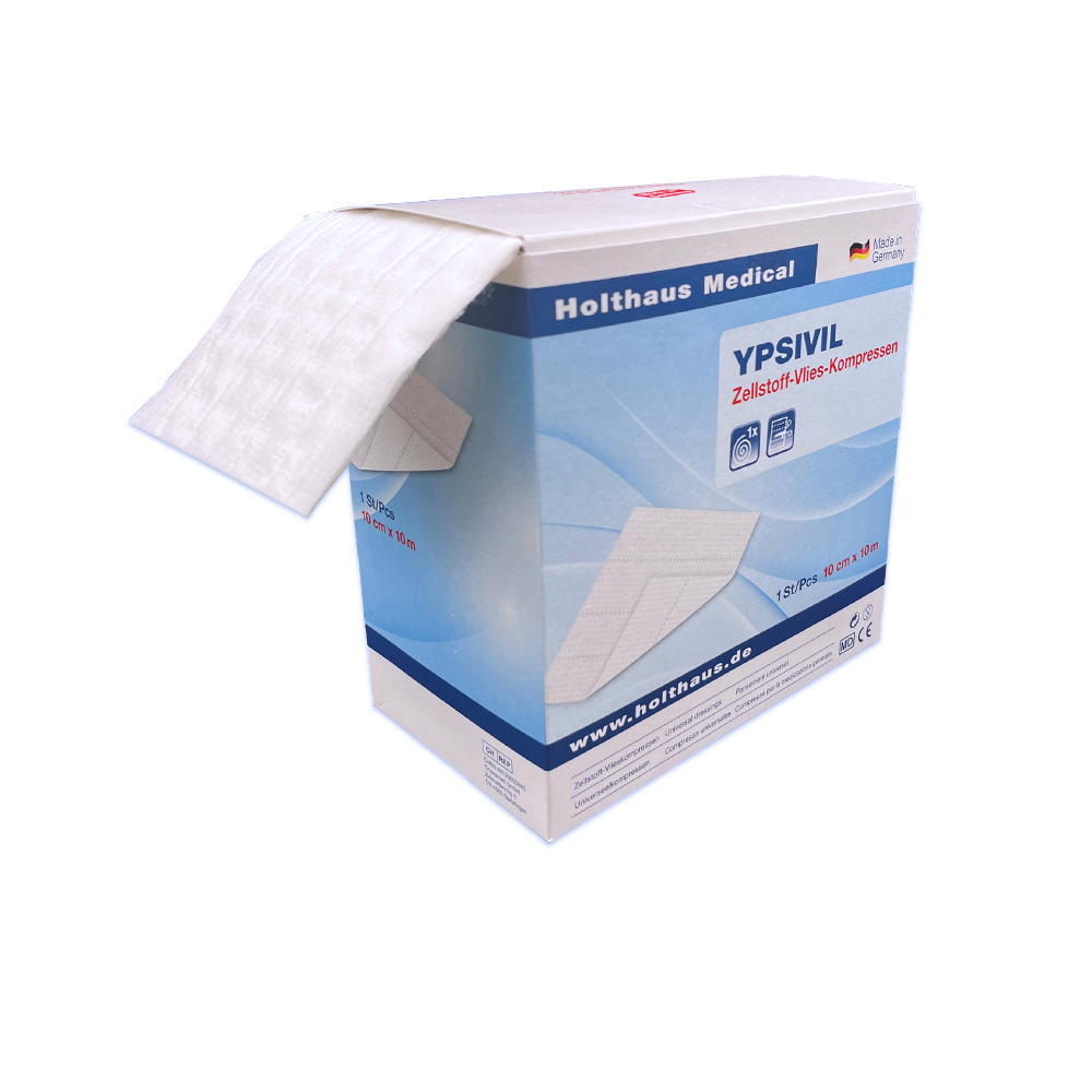 YPSIVIL Zellstoff-Vlies-Kompresse, Beidseitige Vliesauflage, 10 m x 10 cm